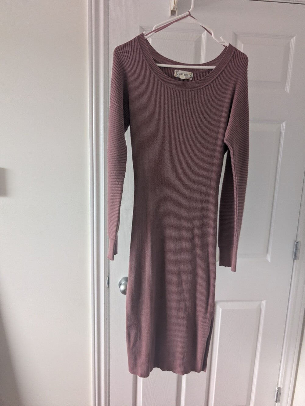 Pink Rose Dusty Mauve Ribbed Long Sleeve Midi Dress